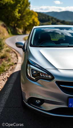 A full view of a sleek, modern Opel Corsa parked elegantly on a scenic road