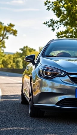 A full view of a sleek, modern Opel Corsa parked elegantly on a scenic road