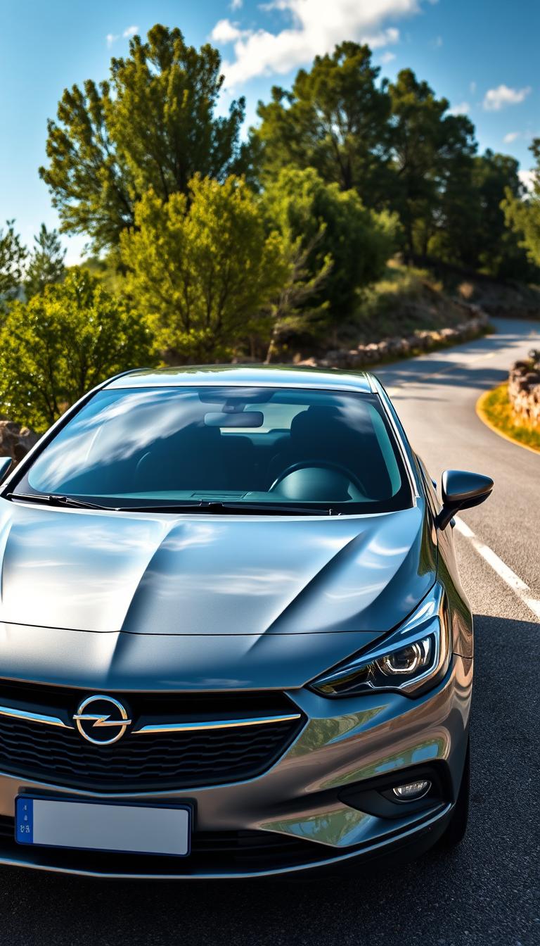 A full view of a sleek, modern Opel Corsa parked elegantly on a scenic road