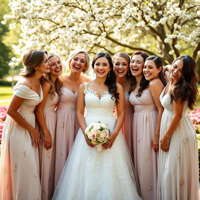 A joyful scene depicting a group of bridesmaids surrounding a beautiful bride on her special day