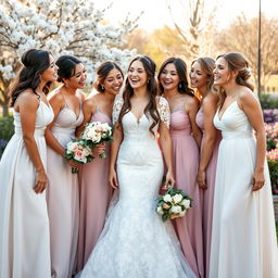 A joyful scene depicting a group of bridesmaids surrounding a beautiful bride on her special day
