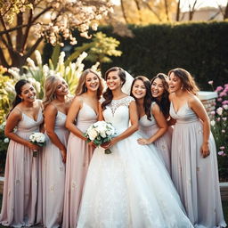 A joyful scene depicting a group of bridesmaids surrounding a beautiful bride on her special day