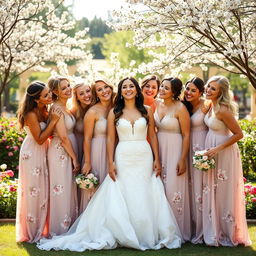 A joyful scene depicting a group of bridesmaids surrounding a beautiful bride on her special day