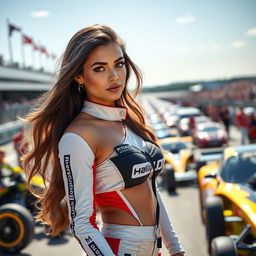 A vibrant scene featuring a stunning grid girl at a motorsport event, showcasing her confidence and beauty