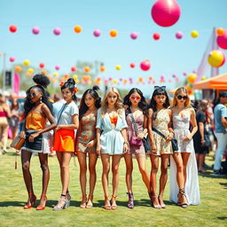 A vibrant and lively scene depicting a group of stylish girls standing in line at a fashionable outdoor event
