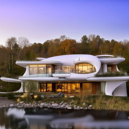 A stunning futuristic mansion positioned next to a serene river.