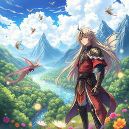 A vibrant and enchanting anime scene depicting a male character who has been reincarnated into a magical world