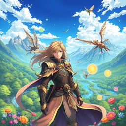 A vibrant and enchanting anime scene depicting a male character who has been reincarnated into a magical world