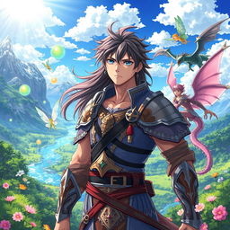 A vibrant and enchanting anime scene depicting a male character who has been reincarnated into a magical world