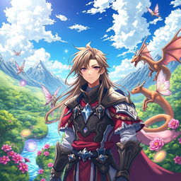 A vibrant and enchanting anime scene depicting a male character who has been reincarnated into a magical world