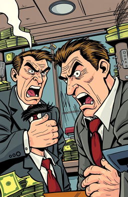 A dramatic scene depicting a bank setting where an angry banker confronts his brother, who has stolen money from him