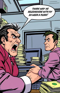 A dramatic scene depicting a bank setting where an angry banker confronts his brother, who has stolen money from him