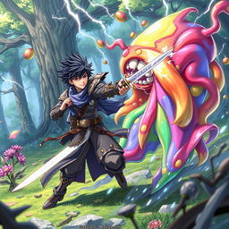 An exciting anime scene depicting a male character who has been reincarnated into a magical world, engaging in a fierce battle against a colorful slime monster