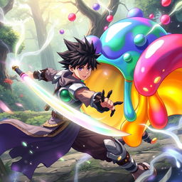 An exciting anime scene depicting a male character who has been reincarnated into a magical world, engaging in a fierce battle against a colorful slime monster