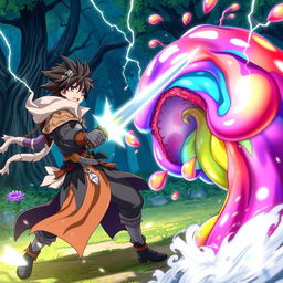 An exciting anime scene depicting a male character who has been reincarnated into a magical world, engaging in a fierce battle against a colorful slime monster