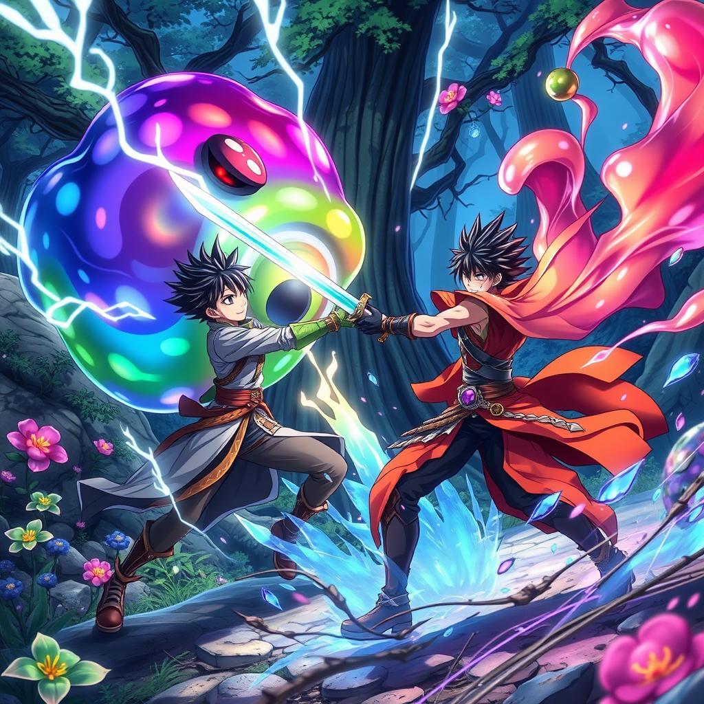 An exciting anime scene depicting a male character who has been reincarnated into a magical world, engaging in a fierce battle against a colorful slime monster