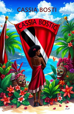 A vibrant and colorful digital painting showcasing the theme of patriotism toward Trinidad and Tobago, featuring the national colors of red, white, and black