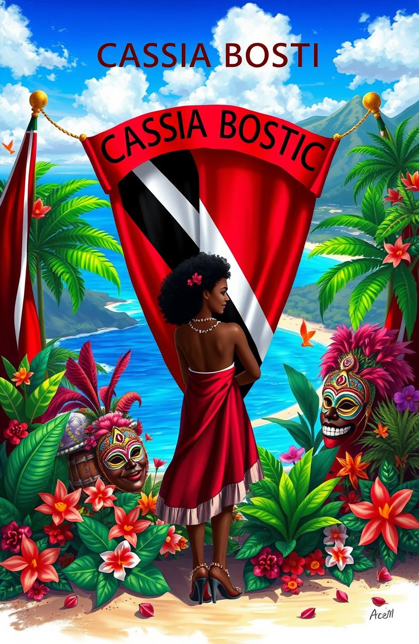 A vibrant and colorful digital painting showcasing the theme of patriotism toward Trinidad and Tobago, featuring the national colors of red, white, and black