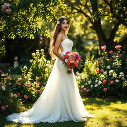 A beautiful bride standing in a lush garden, wearing an elegant white lace wedding dress that cascades elegantly to the ground