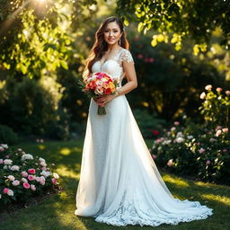 A beautiful bride standing in a lush garden, wearing an elegant white lace wedding dress that cascades elegantly to the ground