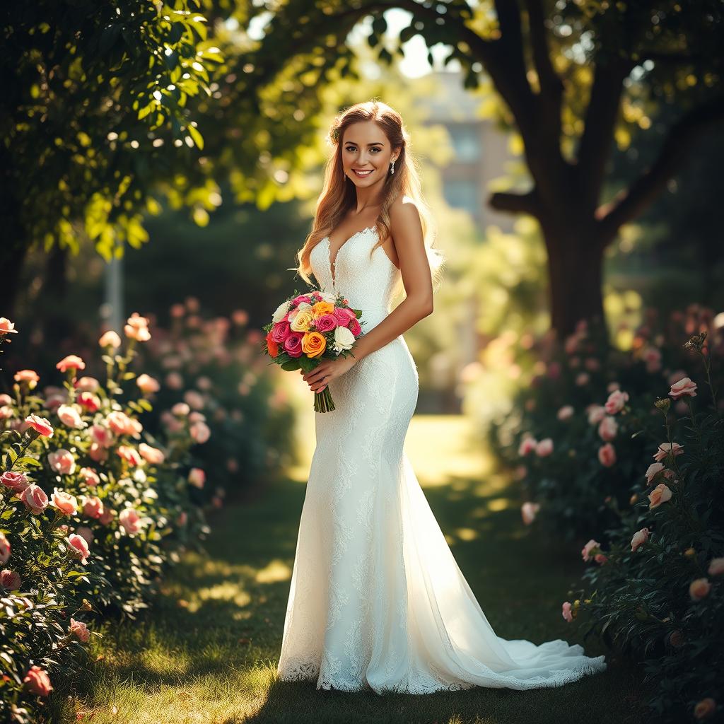 A beautiful bride standing in a lush garden, wearing an elegant white lace wedding dress that cascades elegantly to the ground