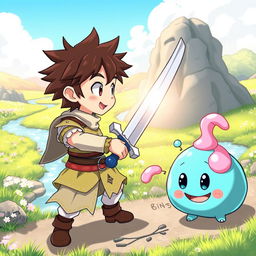 An adorable anime scene featuring a male character who has been reincarnated into a magical world, facing off against a cute slime monster