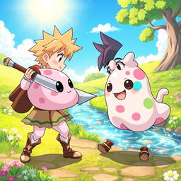 An adorable anime scene featuring a male character who has been reincarnated into a magical world, facing off against a cute slime monster