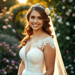 A stunning bride in a beautifully detailed wedding gown, adorned with intricate lace and delicate beading, smiling radiantly at the camera