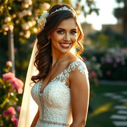 A stunning bride in a beautifully detailed wedding gown, adorned with intricate lace and delicate beading, smiling radiantly at the camera