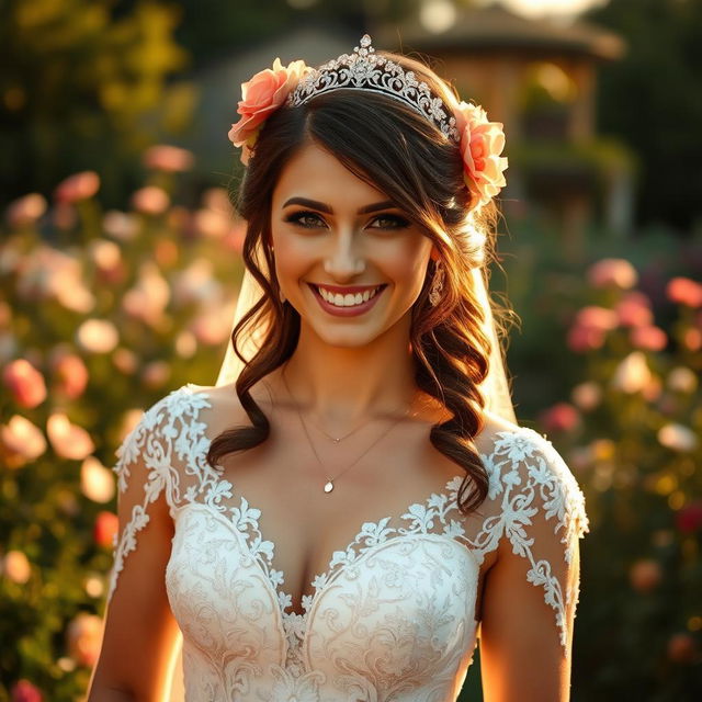 A stunning bride in a beautifully detailed wedding gown, adorned with intricate lace and delicate beading, smiling radiantly at the camera