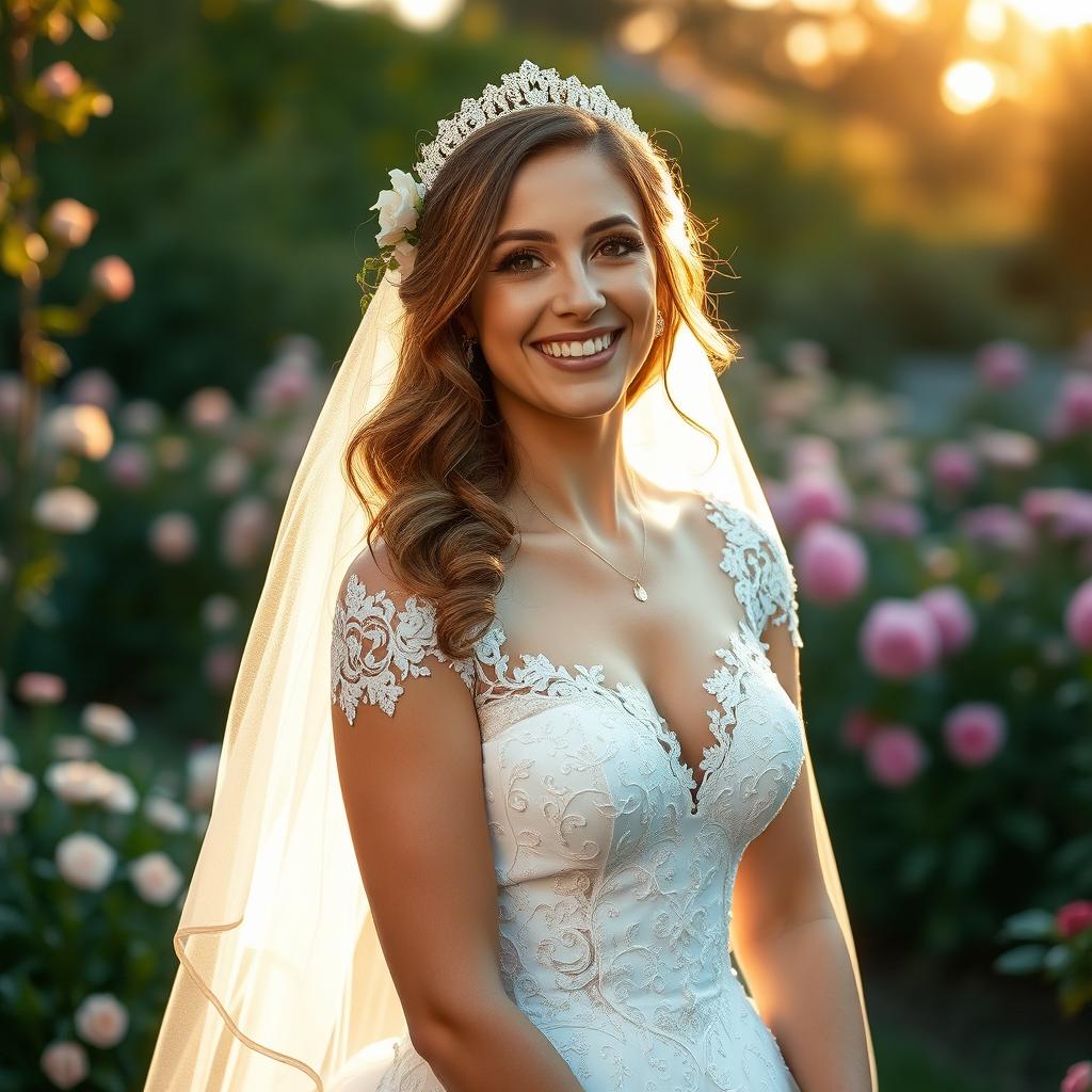 A stunning bride in a beautifully detailed wedding gown, adorned with intricate lace and delicate beading, smiling radiantly at the camera