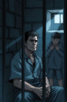 A dramatic scene depicting a man sitting in a prison cell, looking contemplative and regretful