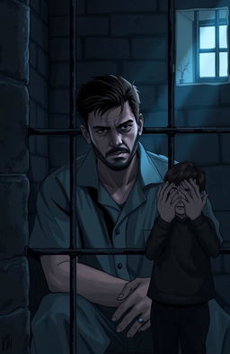 A dramatic scene depicting a man sitting in a prison cell, looking contemplative and regretful