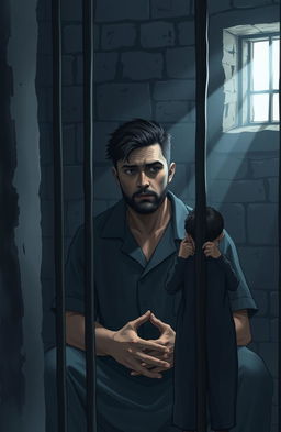 A dramatic scene depicting a man sitting in a prison cell, looking contemplative and regretful