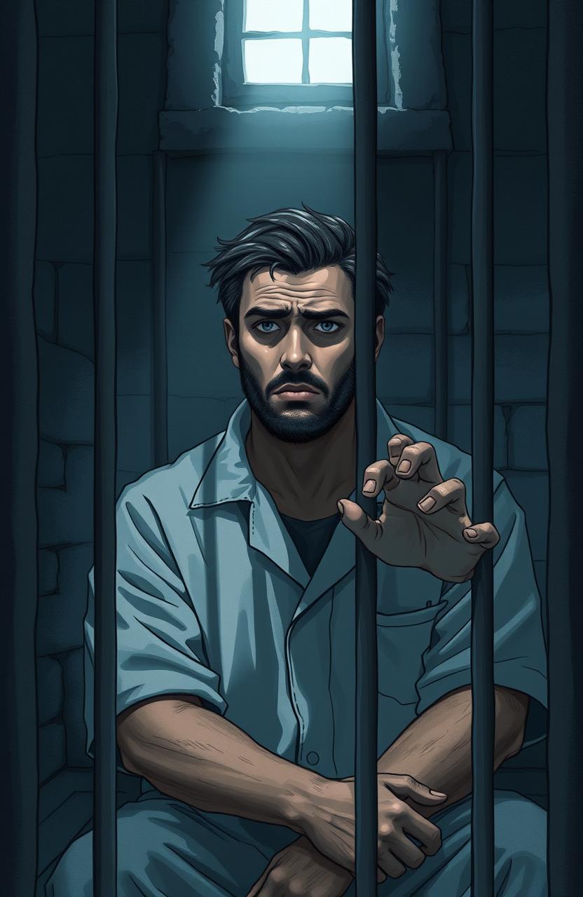 A dramatic scene depicting a man sitting in a prison cell, looking contemplative and regretful