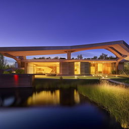 A stunning futuristic mansion positioned next to a serene river.