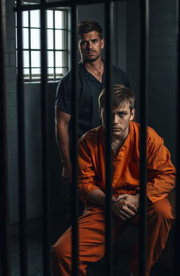 A dramatic scene depicting a young 19-year-old male prisoner with a somber expression sitting on a bench in a prison cell, wearing orange prison attire
