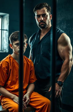 A dramatic scene depicting a young 19-year-old male prisoner with a somber expression sitting on a bench in a prison cell, wearing orange prison attire