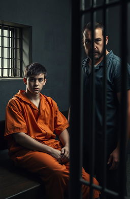 A dramatic scene depicting a young 19-year-old male prisoner with a somber expression sitting on a bench in a prison cell, wearing orange prison attire