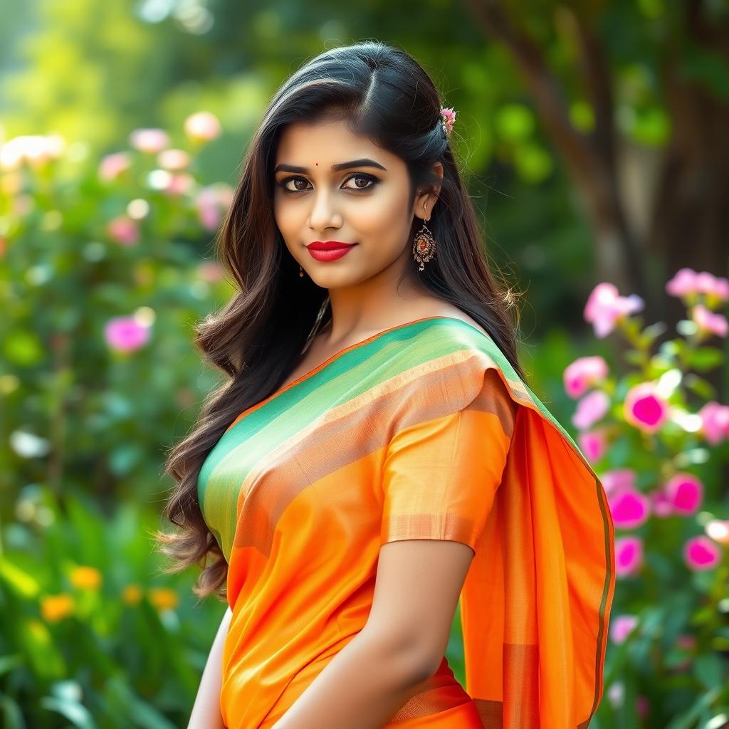 A stunning Indian college girl wearing a vibrant saree, showcasing her elegant pose outdoors