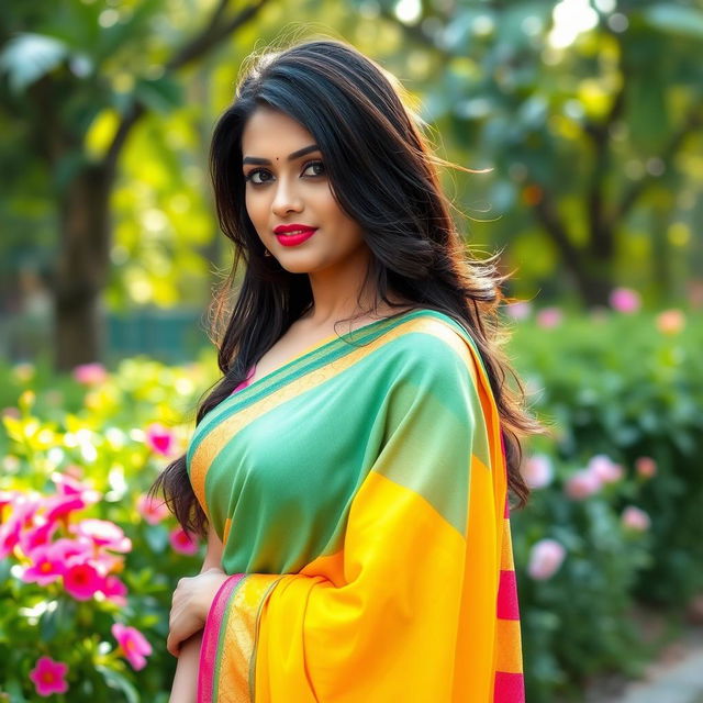 A stunning Indian college girl wearing a vibrant saree, showcasing her elegant pose outdoors