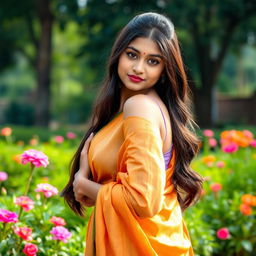 A stunning Indian college girl wearing a vibrant saree, showcasing her elegant pose outdoors