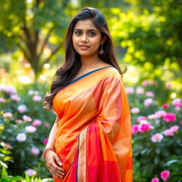 A stunning Indian college girl wearing a vibrant saree, showcasing her elegant pose outdoors