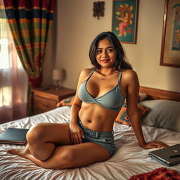 A sensual scene in a cozy Indian college bedroom, featuring a beautiful, curvaceous young woman casually lounging on a plush bed