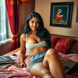 A sensual scene in a cozy Indian college bedroom, featuring a beautiful, curvaceous young woman casually lounging on a plush bed