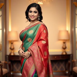 A curvy woman wearing a vibrant saree that drapes elegantly around her figure, showcasing intricate patterns and rich colors