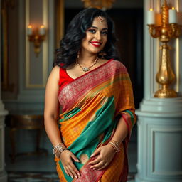 A curvy woman wearing a vibrant saree that drapes elegantly around her figure, showcasing intricate patterns and rich colors