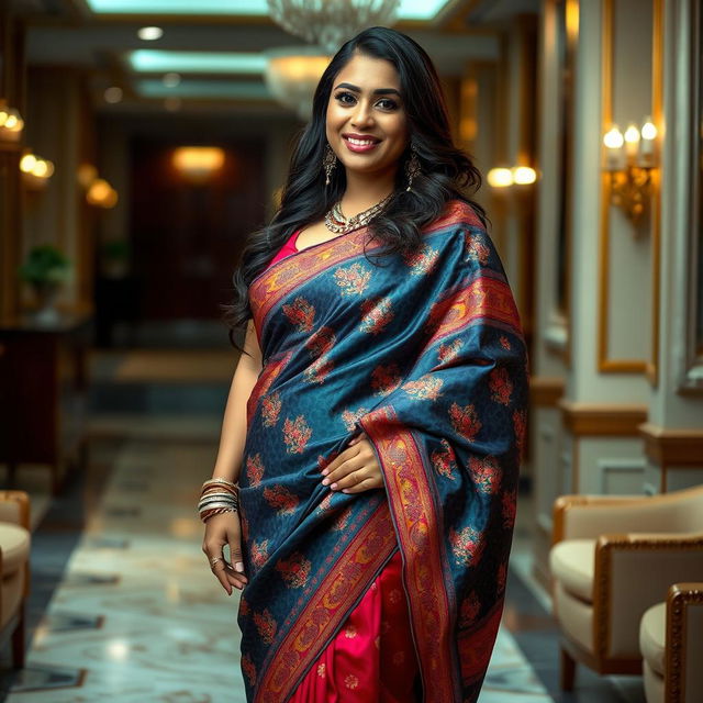 A curvy woman wearing a vibrant saree that drapes elegantly around her figure, showcasing intricate patterns and rich colors