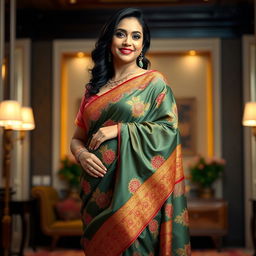 A curvy woman wearing a vibrant saree that drapes elegantly around her figure, showcasing intricate patterns and rich colors