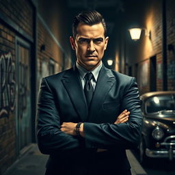 A tough-looking mafia guy with a sharp suit, slicked-back dark hair, and a slightly menacing expression